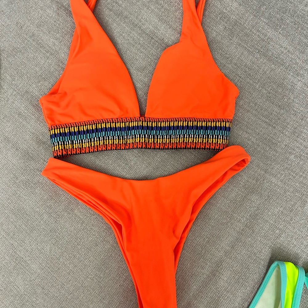 Vibrant Orange Two-Piece Bikini with Beaded Waistband